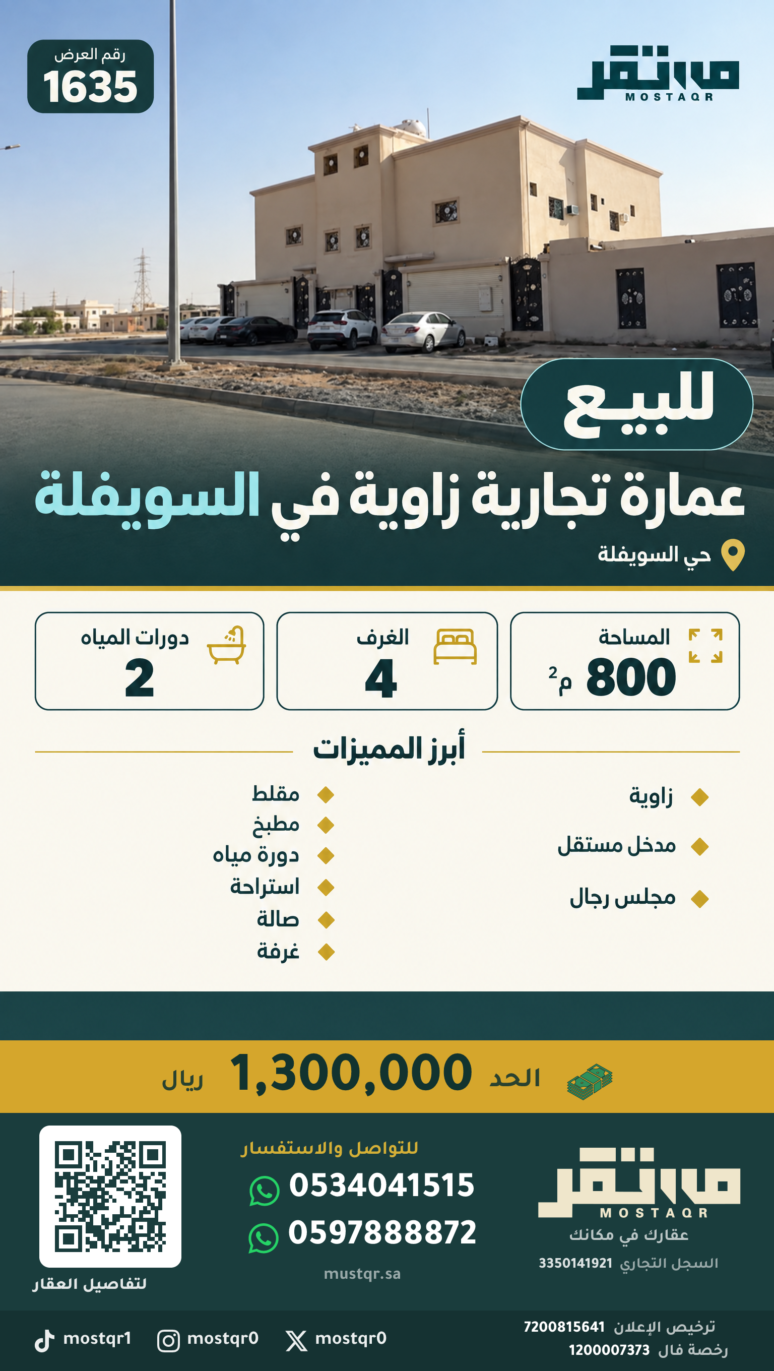 عمارة تجارية زاوية للبيع في السويفلة في السويفلة — 1,300,000 ريال — 800 م²