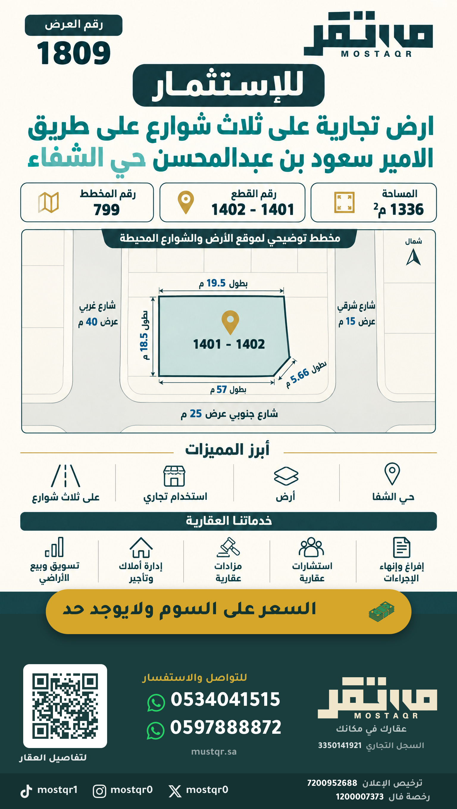 للاستثمار ارض تجارية على ثلاث شوارع على طريق  الامير سعود بن عبدالمحسن حي الشفاء — 1,336 م²