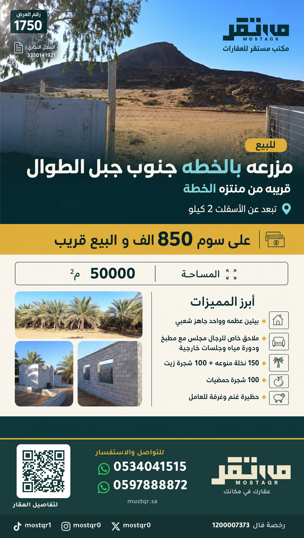 للبيع مزرعه بالخطه جنوب جبل الطوال قريبه من منتزه الخطة  في الخطة — 850,000 ريال — 50,000 م²