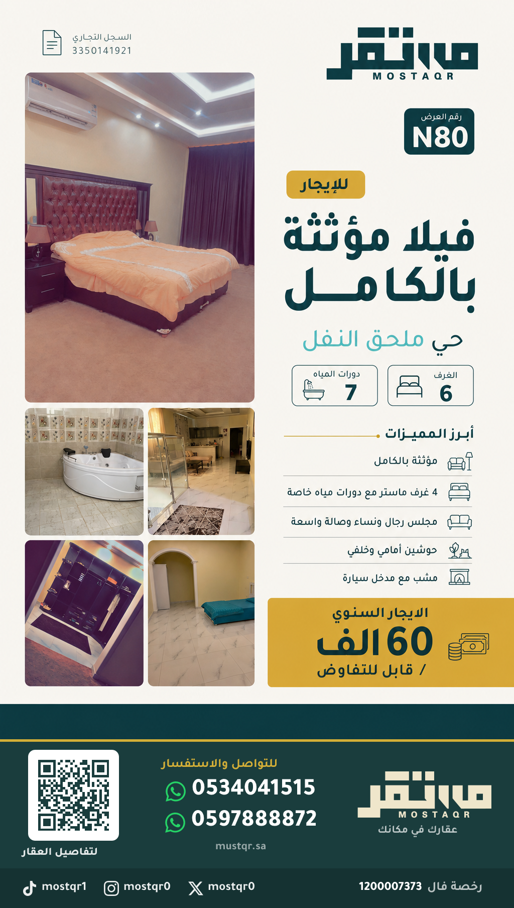 للايجار فيلا بحي ملحق النفل مؤثثه بالكامل في ملحق النفل — 60,000 ريال