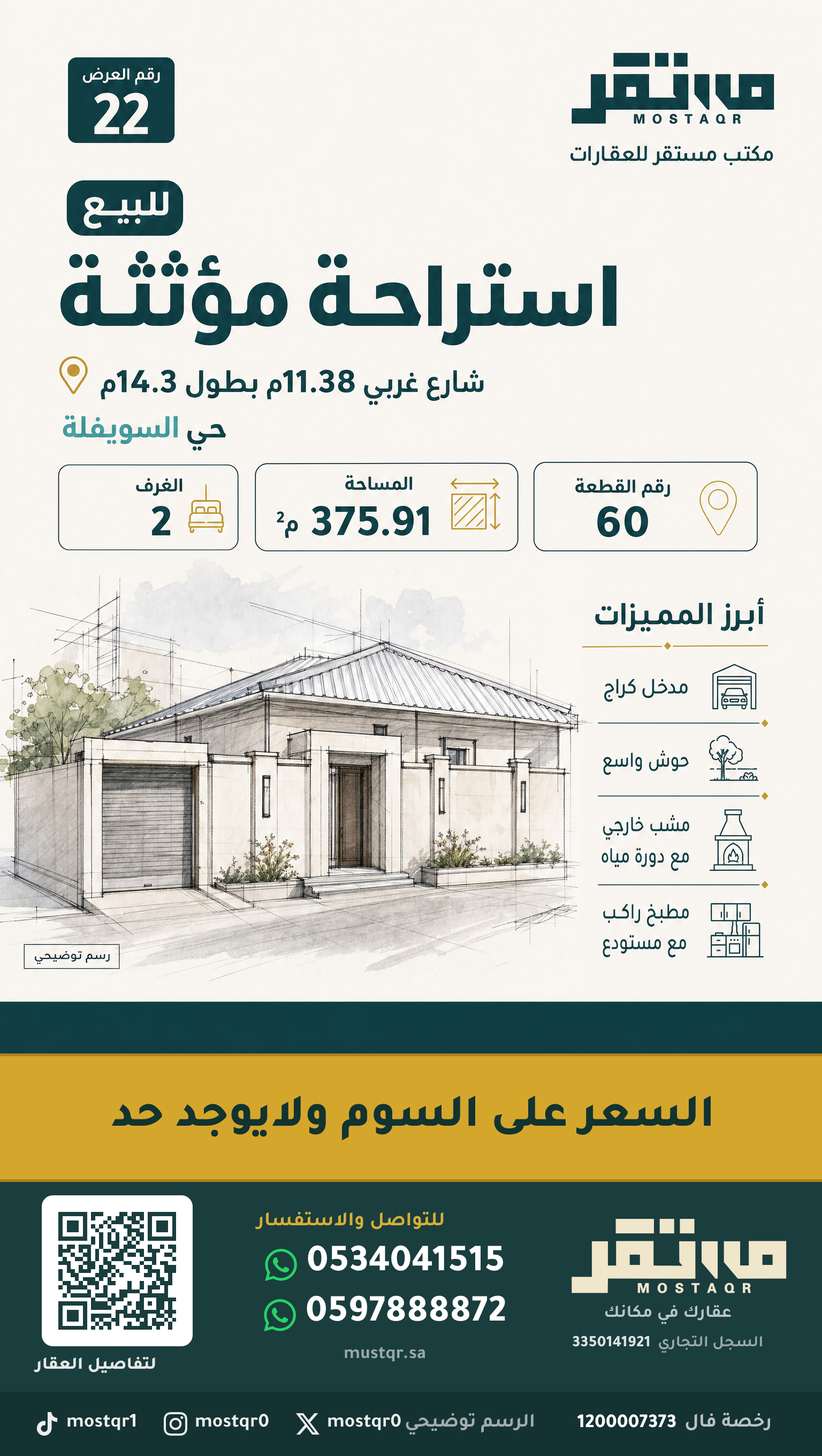 للبيع استراحه مؤثثة في مخطط التعاون في حي السويفله  في السويفلة — 375.91 م²
