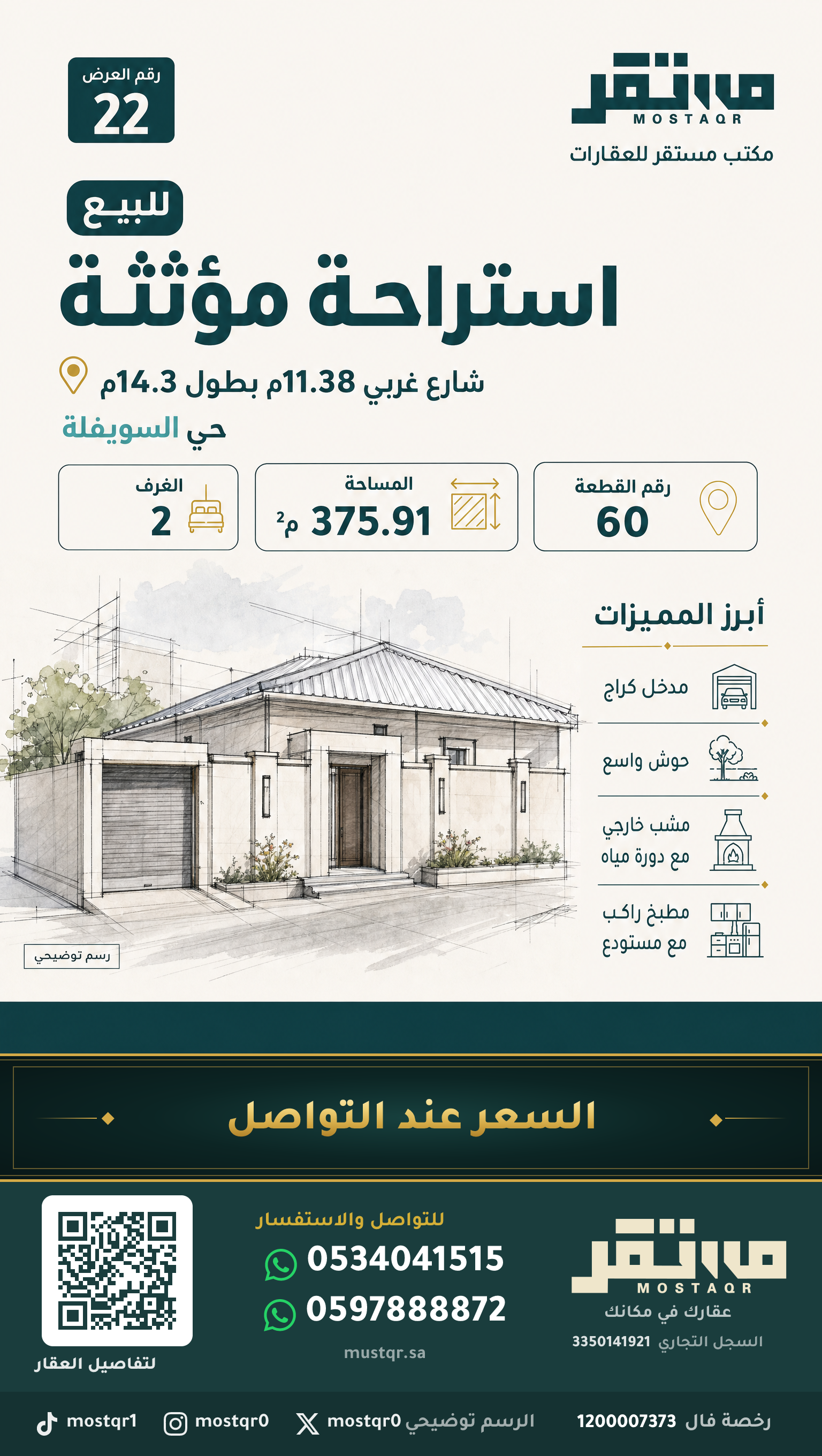 للبيع استراحه مؤثثة في مخطط التعاون في حي السويفله  في السويفلة — 375.91 م²