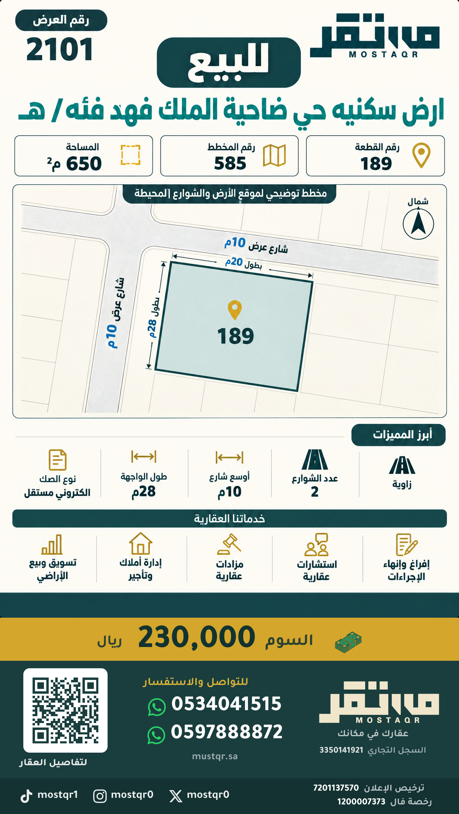 للبيع ارض سكنيه حي ضاحية الملك فهد فئه/ هـ — 230,000 ريال — 650 م²