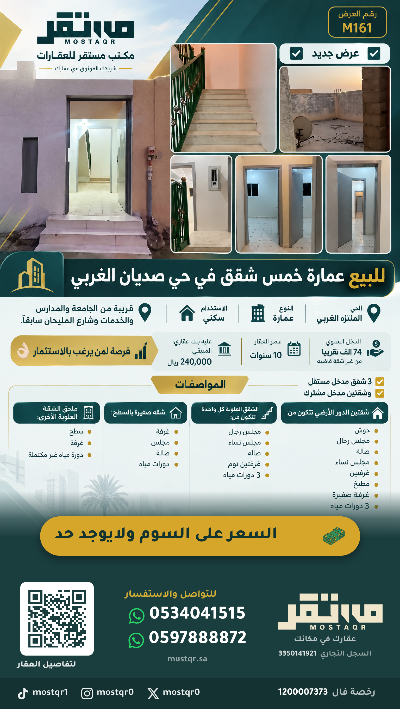 للبيع عمارة خمس شقق في حي صديان الغربي في المنتزه الغربي