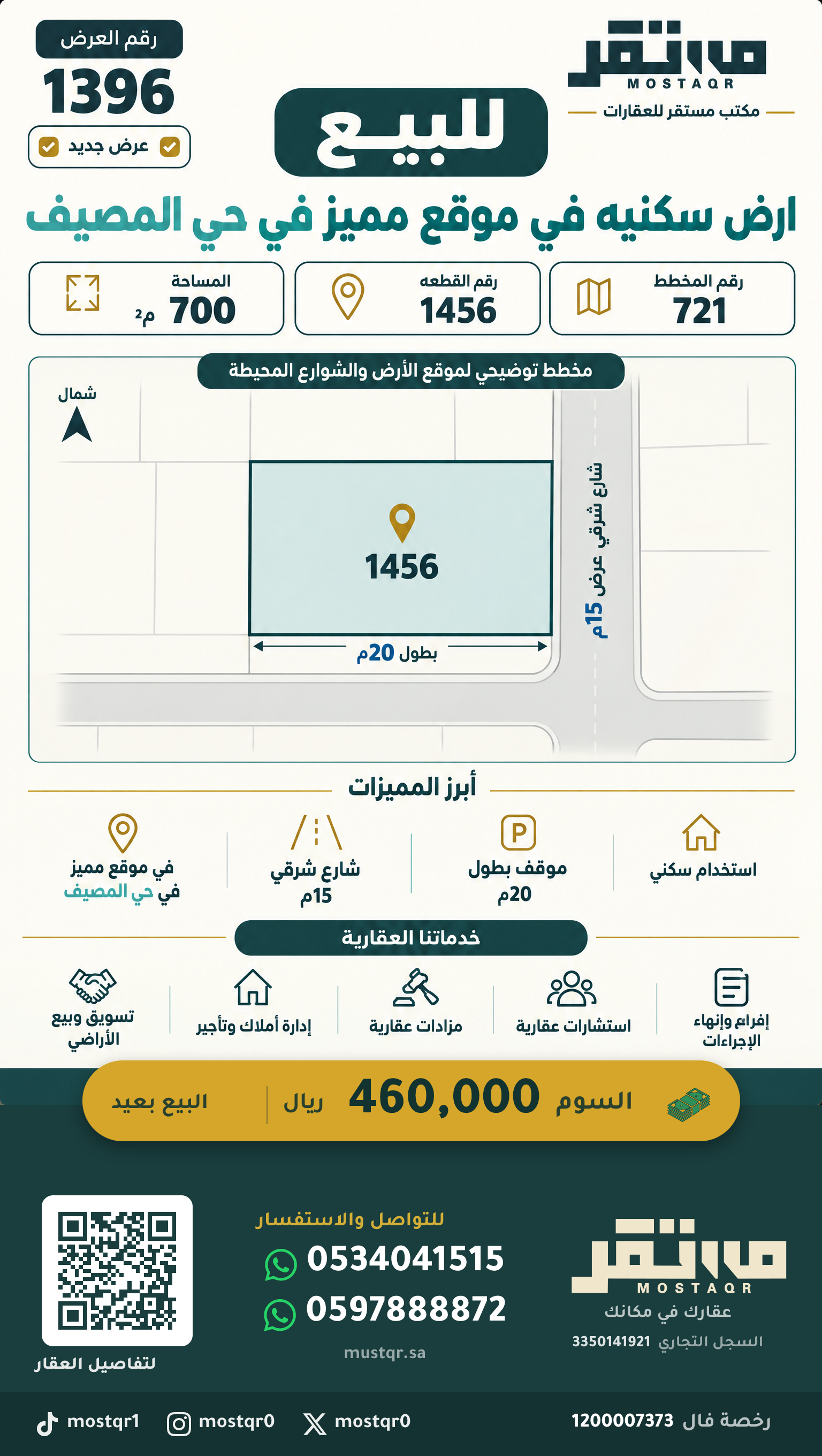 للبيع ارض سكنيه في موقع مميز في حي المصيف — 460,000 ريال — 700 م²
